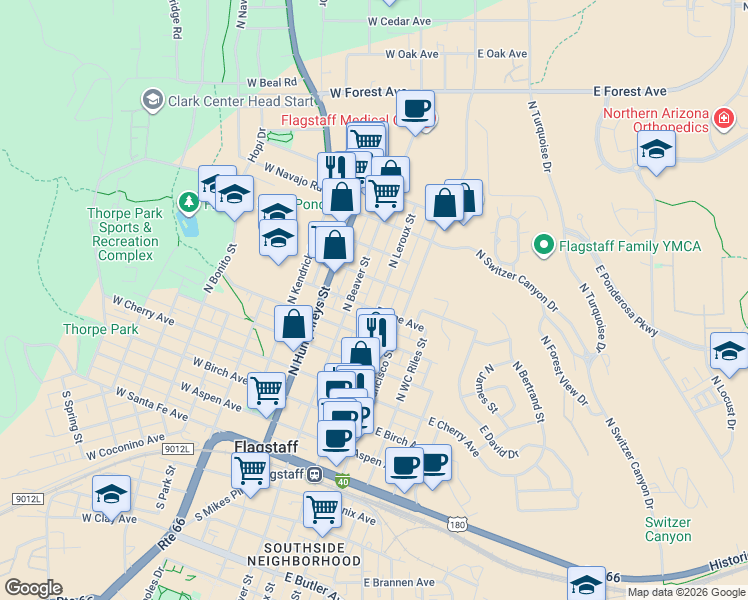 map of restaurants, bars, coffee shops, grocery stores, and more near 607 North Leroux Street in Flagstaff
