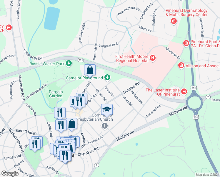 map of restaurants, bars, coffee shops, grocery stores, and more near 30 Craig Road in Pinehurst