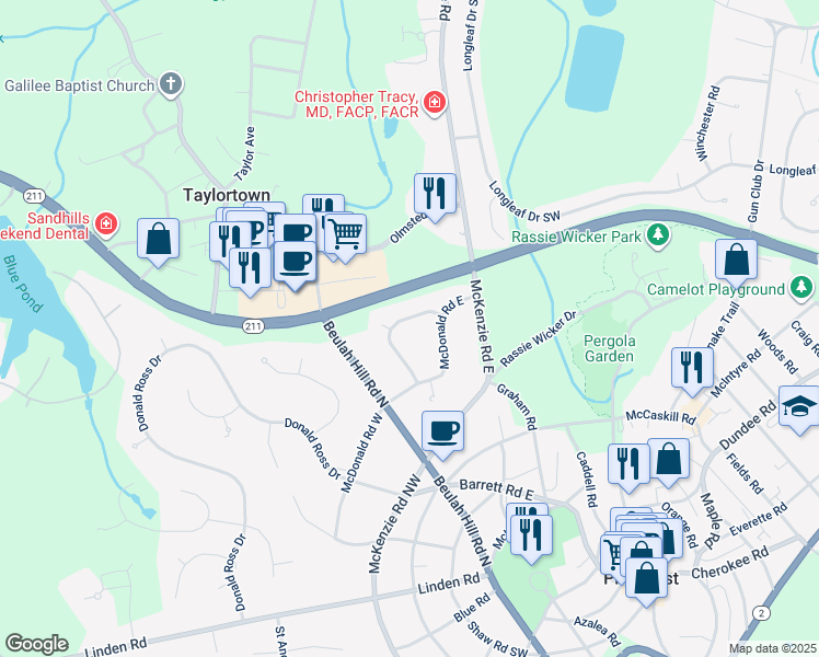 map of restaurants, bars, coffee shops, grocery stores, and more near 50 McQueen Road in Pinehurst