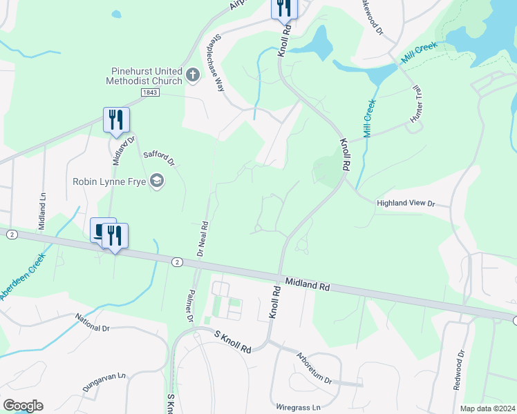 map of restaurants, bars, coffee shops, grocery stores, and more near 164 Starland Lane in Southern Pines