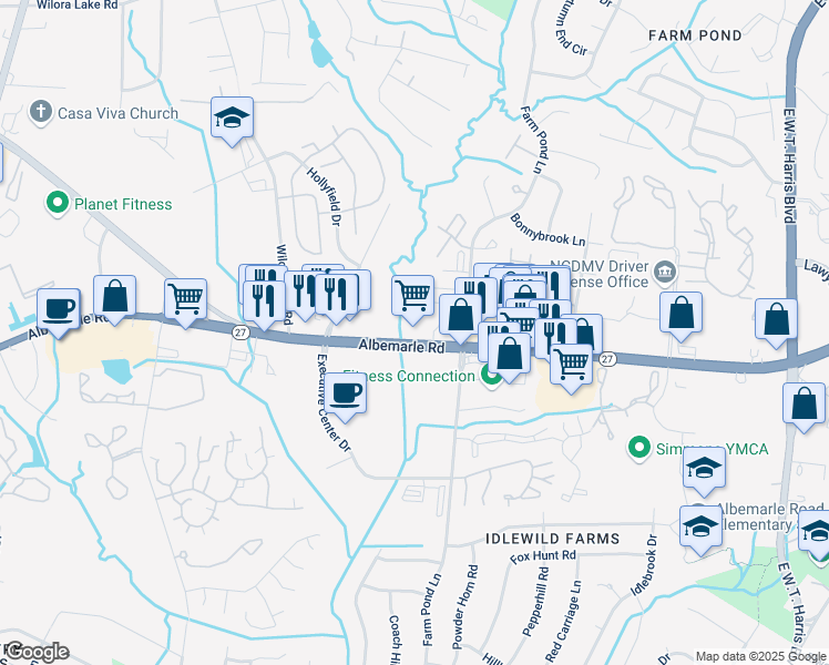 map of restaurants, bars, coffee shops, grocery stores, and more near 6127 Albemarle Road in Charlotte