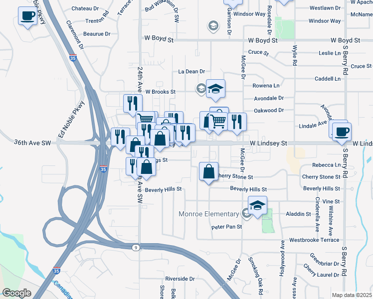 map of restaurants, bars, coffee shops, grocery stores, and more near 2108 West Lindsey Street in Norman
