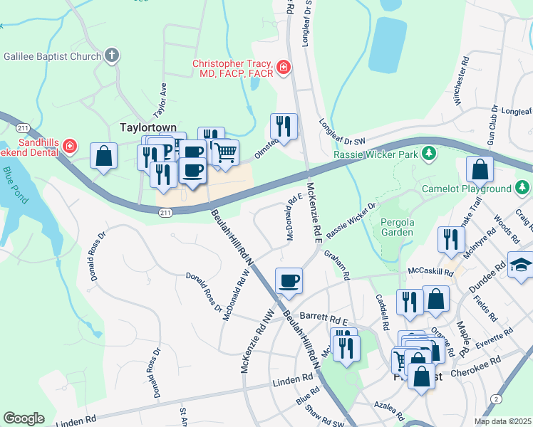 map of restaurants, bars, coffee shops, grocery stores, and more near 50 McQueen Road in Pinehurst