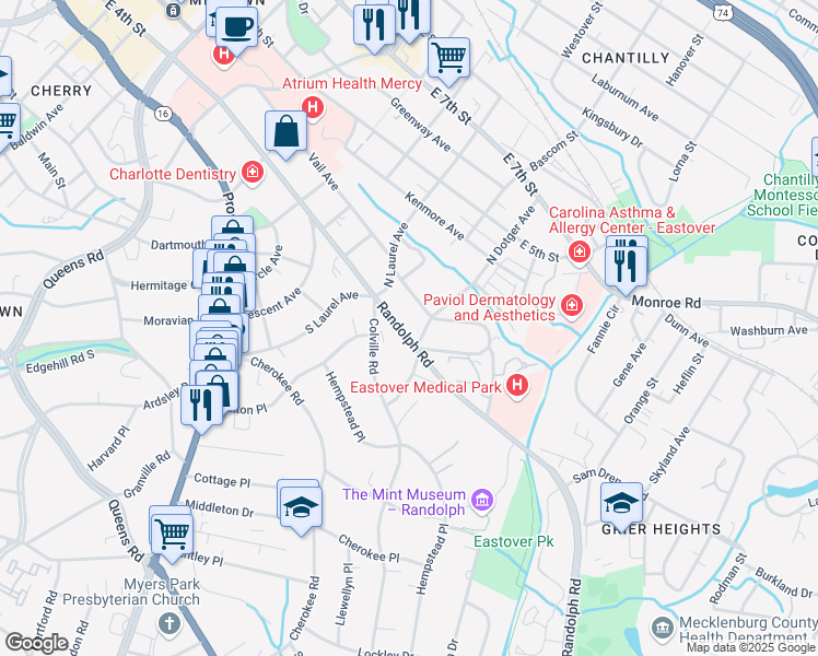 map of restaurants, bars, coffee shops, grocery stores, and more near 2435 Randolph Road in Charlotte