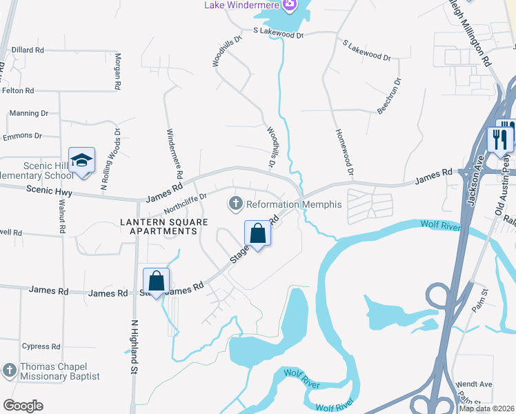 map of restaurants, bars, coffee shops, grocery stores, and more near 2868 Kings Lynn Cove in Memphis