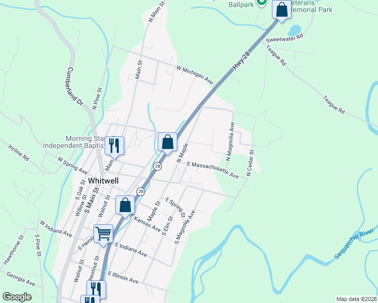 map of restaurants, bars, coffee shops, grocery stores, and more near 794 Maple Street in Whitwell