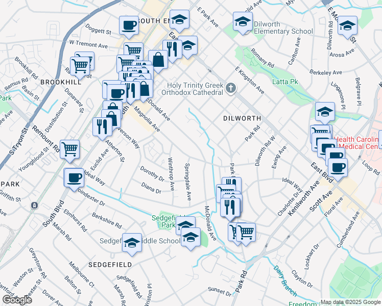 map of restaurants, bars, coffee shops, grocery stores, and more near 601 Magnolia Avenue in Charlotte