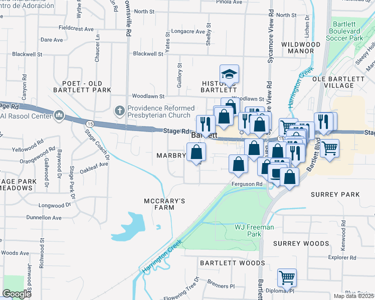 map of restaurants, bars, coffee shops, grocery stores, and more near 2852 Marbry Drive in Bartlett