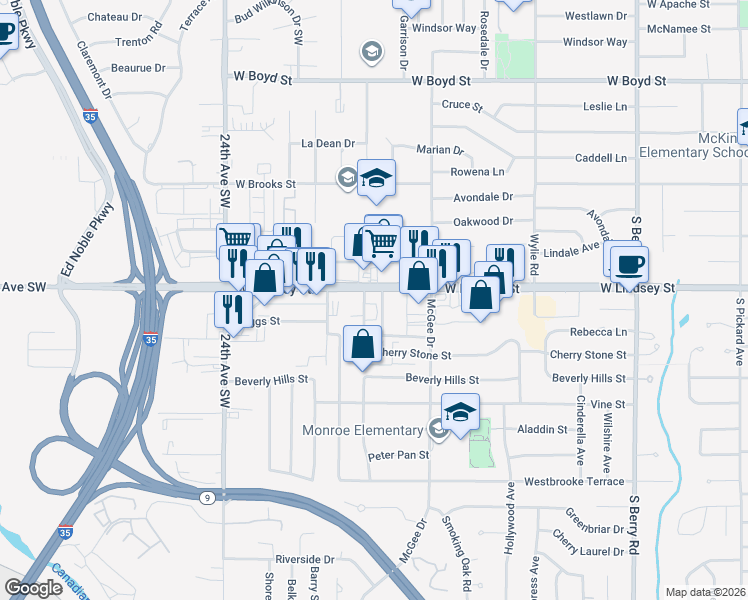 map of restaurants, bars, coffee shops, grocery stores, and more near 1932 West Lindsey Street in Norman