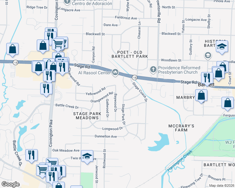 map of restaurants, bars, coffee shops, grocery stores, and more near 2856 Baywood Drive in Memphis