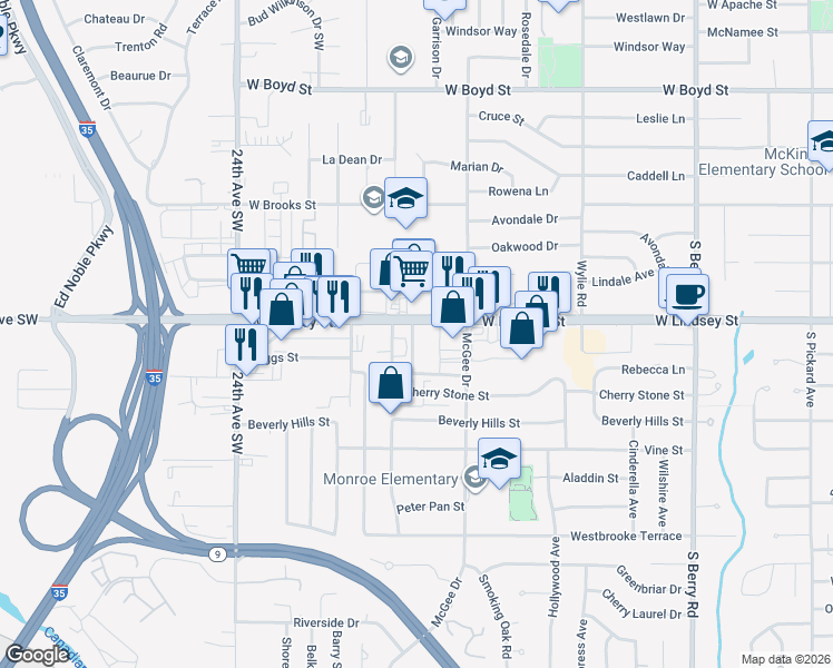 map of restaurants, bars, coffee shops, grocery stores, and more near 1932 West Lindsey Street in Norman
