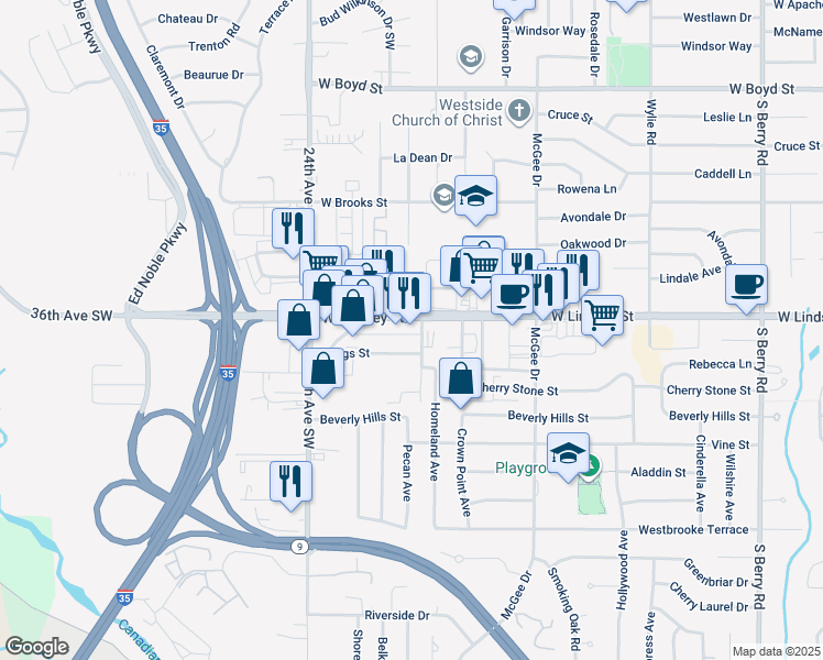 map of restaurants, bars, coffee shops, grocery stores, and more near 2108 West Lindsey Street in Norman