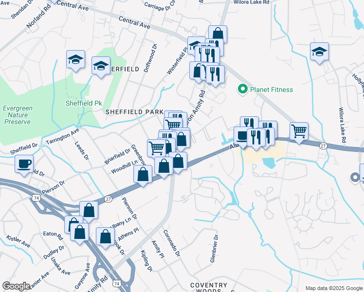 map of restaurants, bars, coffee shops, grocery stores, and more near 3200 North Sharon Amity Road in Charlotte