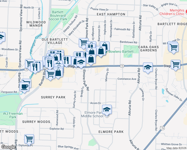 map of restaurants, bars, coffee shops, grocery stores, and more near 2855 Stage Village Cove in Bartlett