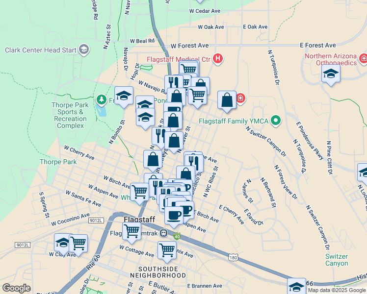 map of restaurants, bars, coffee shops, grocery stores, and more near 523 North Beaver Street in Flagstaff