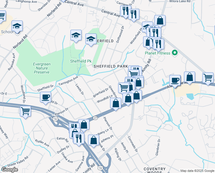 map of restaurants, bars, coffee shops, grocery stores, and more near 1527 Briarfield Drive in Charlotte