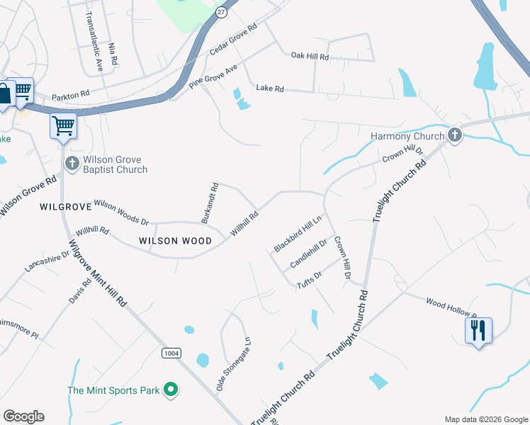 map of restaurants, bars, coffee shops, grocery stores, and more near 8608 Willhill Road in Mint Hill