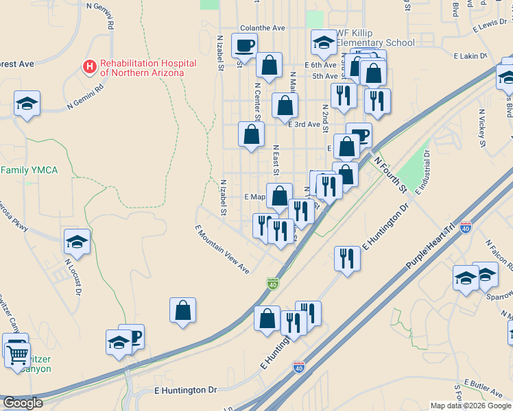 map of restaurants, bars, coffee shops, grocery stores, and more near 1620 North Center Street in Flagstaff