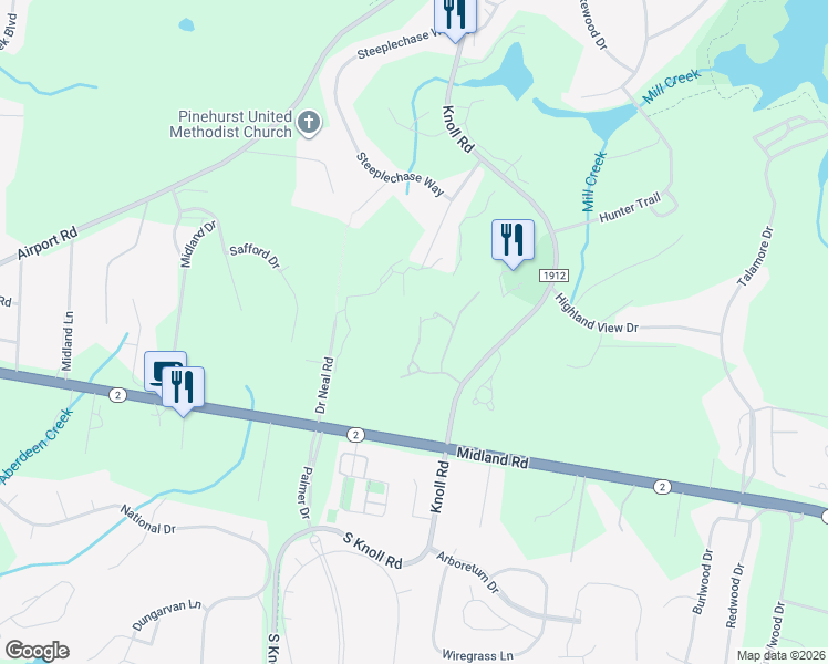 map of restaurants, bars, coffee shops, grocery stores, and more near 164 Starland Lane in Southern Pines
