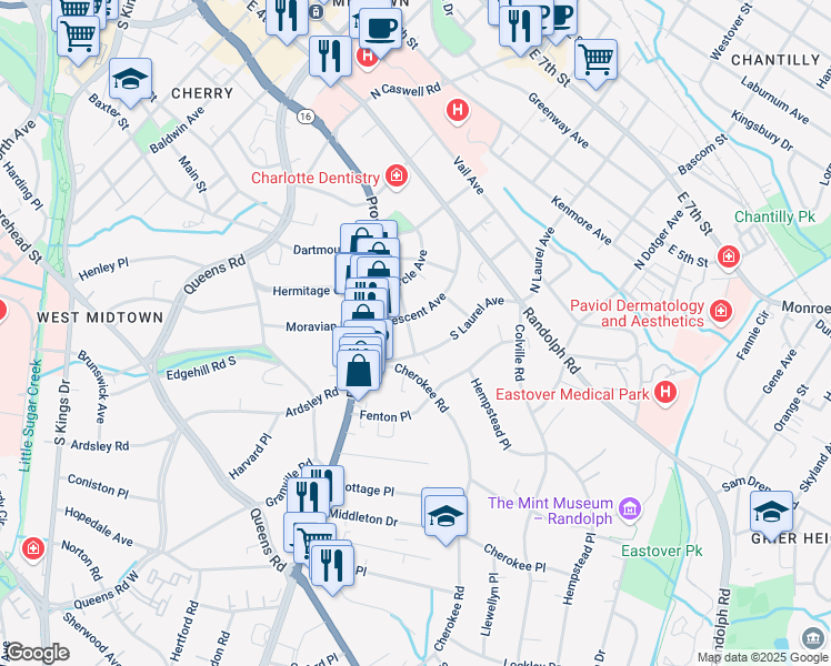 map of restaurants, bars, coffee shops, grocery stores, and more near 510 Willoughby Street in Charlotte