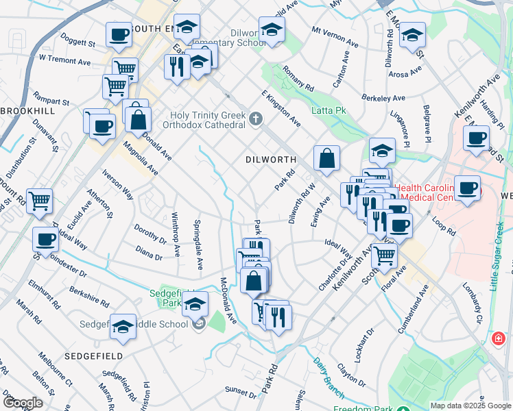 map of restaurants, bars, coffee shops, grocery stores, and more near 1948 Park Road in Charlotte