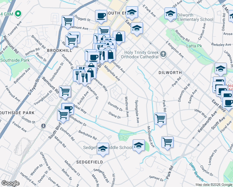 map of restaurants, bars, coffee shops, grocery stores, and more near in Charlotte