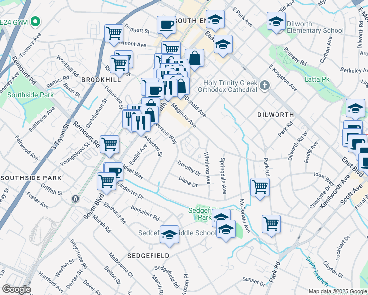 map of restaurants, bars, coffee shops, grocery stores, and more near in Charlotte