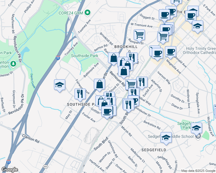map of restaurants, bars, coffee shops, grocery stores, and more near in Charlotte
