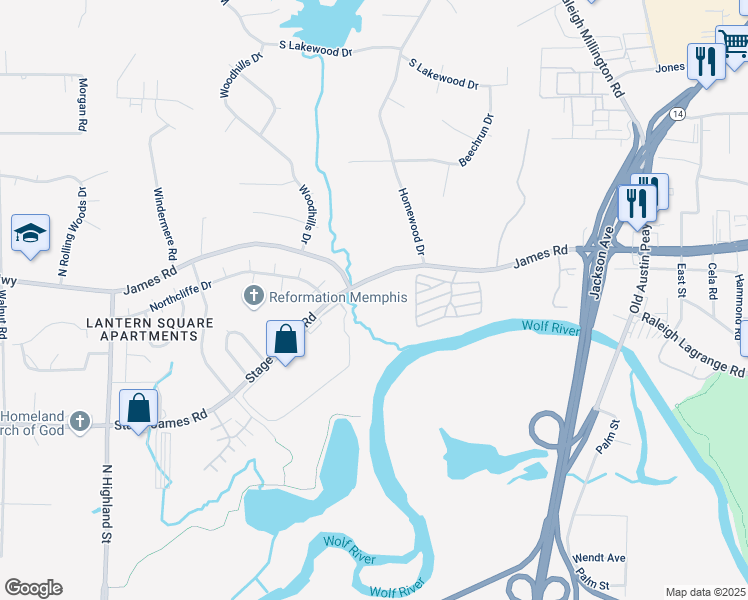 map of restaurants, bars, coffee shops, grocery stores, and more near 3891 James Road in Memphis