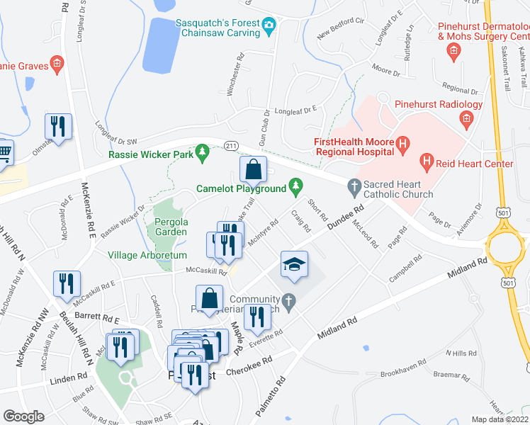 map of restaurants, bars, coffee shops, grocery stores, and more near 95 Woods Road in Pinehurst
