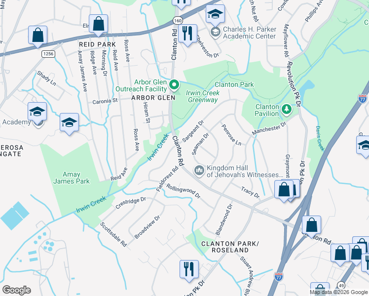 map of restaurants, bars, coffee shops, grocery stores, and more near 3714 Seaman Drive in Charlotte
