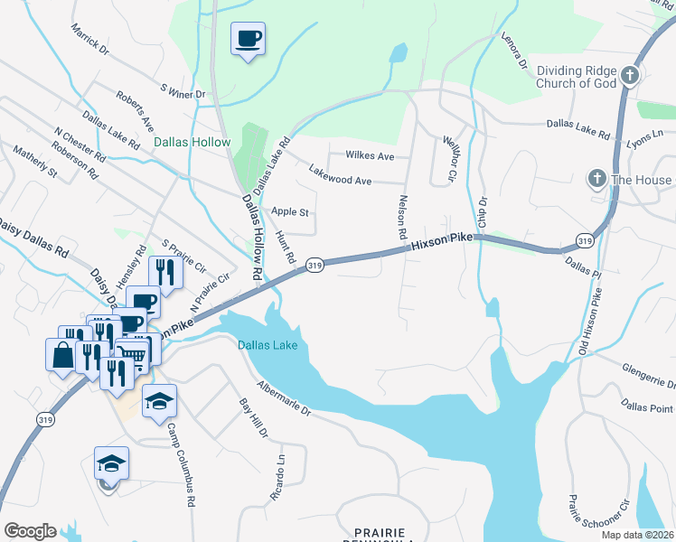 map of restaurants, bars, coffee shops, grocery stores, and more near 1967 Warwickshire Drive in Soddy-Daisy