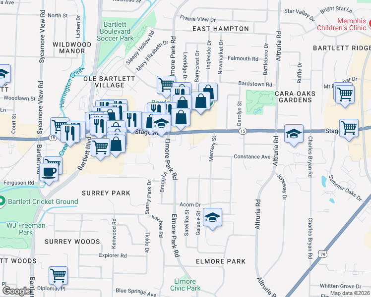 map of restaurants, bars, coffee shops, grocery stores, and more near 2855 Stage Village Cove in Bartlett