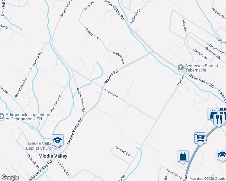 map of restaurants, bars, coffee shops, grocery stores, and more near 1109 Central Drive in Middle Valley