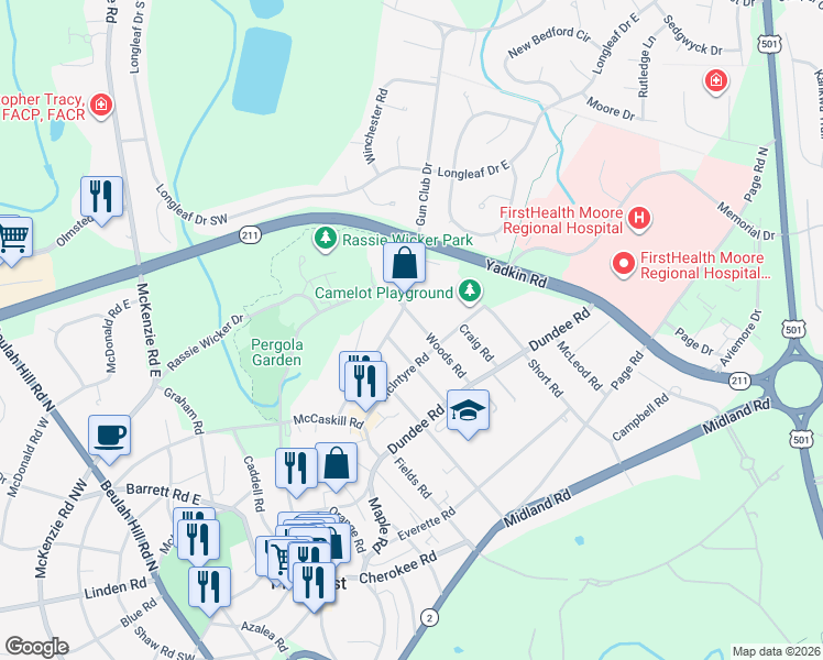 map of restaurants, bars, coffee shops, grocery stores, and more near 105 Woods Road in Pinehurst