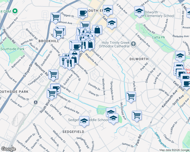 map of restaurants, bars, coffee shops, grocery stores, and more near 424 Mather Green Avenue in Charlotte