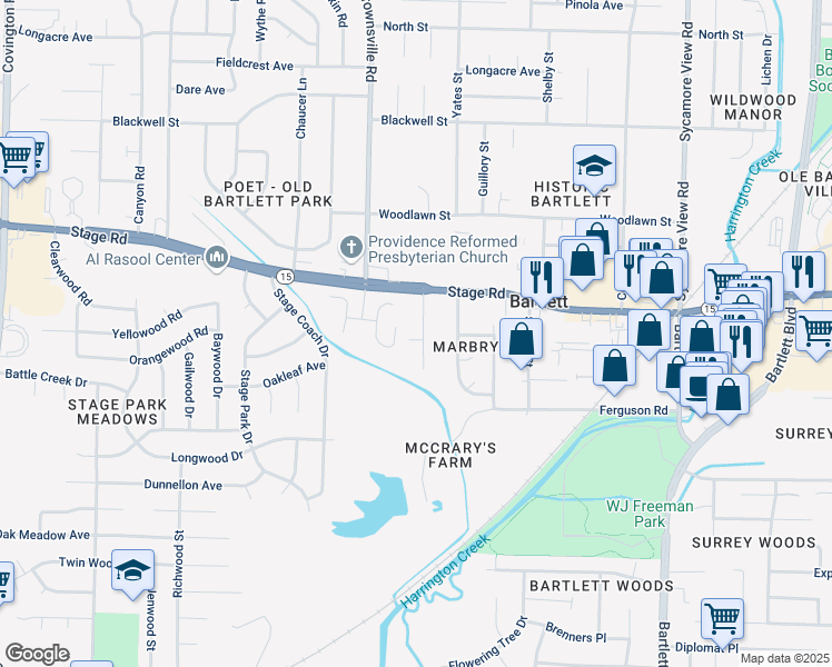 map of restaurants, bars, coffee shops, grocery stores, and more near 5540 Oakleaf Avenue in Bartlett