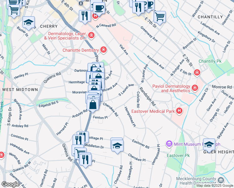 map of restaurants, bars, coffee shops, grocery stores, and more near 220 South Laurel Avenue in Charlotte