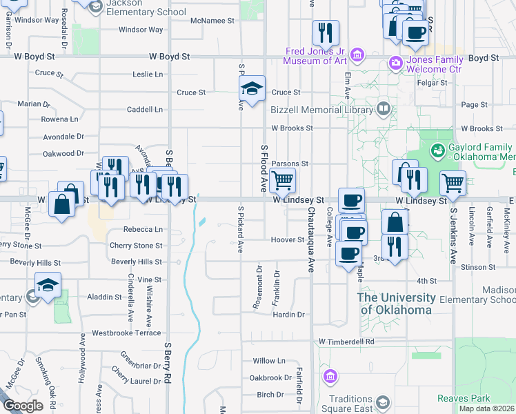 map of restaurants, bars, coffee shops, grocery stores, and more near 916 West Lindsey Street in Norman