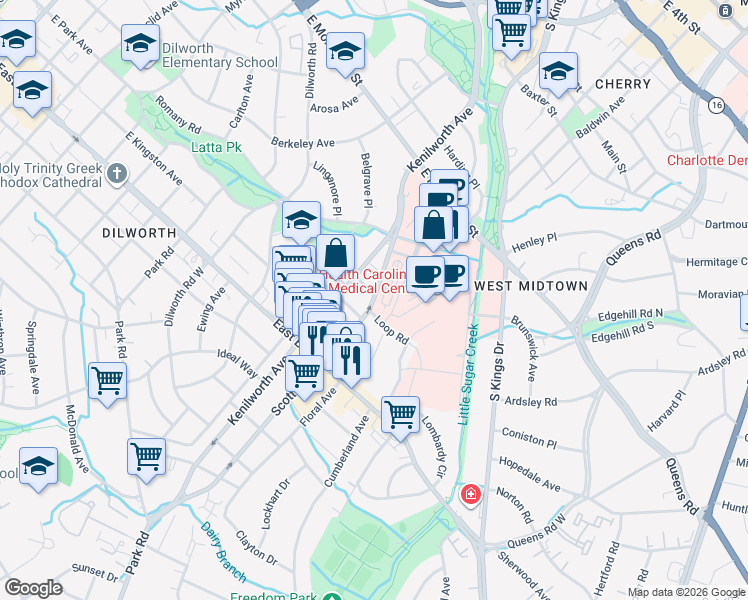 map of restaurants, bars, coffee shops, grocery stores, and more near 1510 Scott Avenue in Charlotte