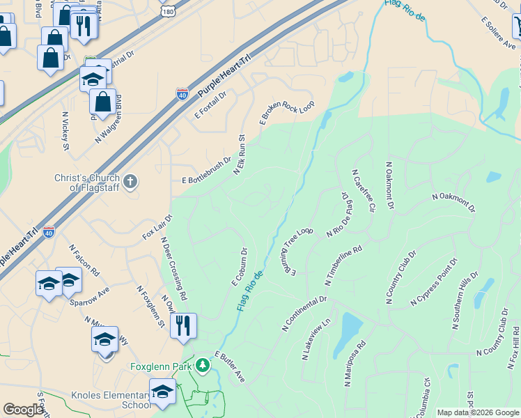 map of restaurants, bars, coffee shops, grocery stores, and more near 2368 North Whispering Pines Way in Flagstaff
