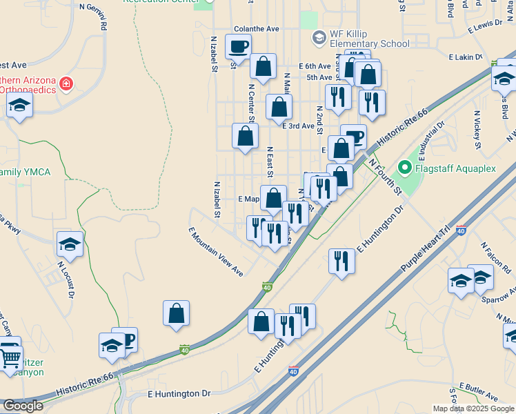 map of restaurants, bars, coffee shops, grocery stores, and more near 1620 North Center Street in Flagstaff