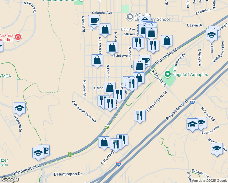 map of restaurants, bars, coffee shops, grocery stores, and more near 1621 North Main Street in Flagstaff
