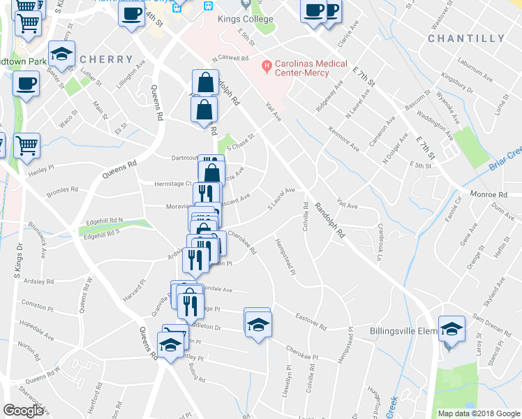map of restaurants, bars, coffee shops, grocery stores, and more near 218 South Laurel Avenue in Charlotte