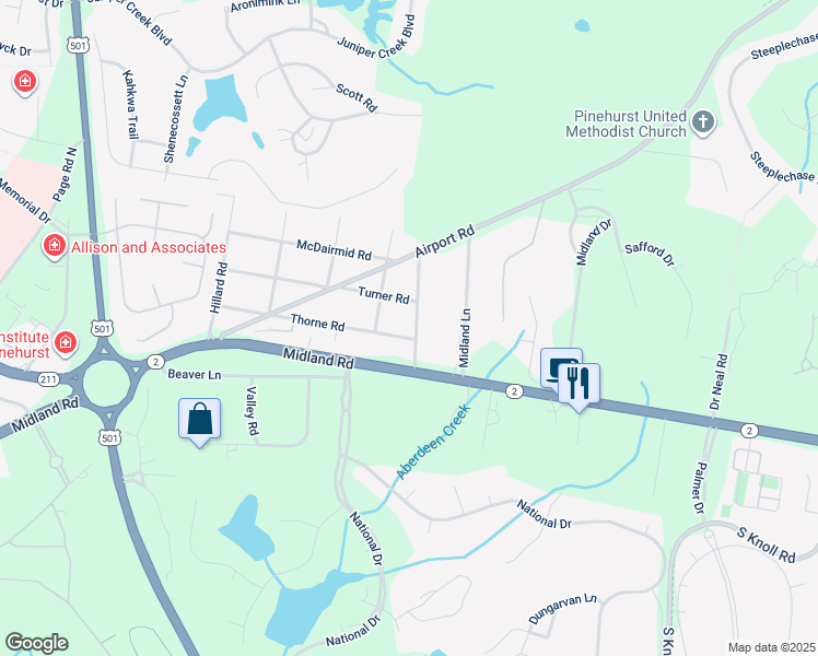 map of restaurants, bars, coffee shops, grocery stores, and more near 35 Windmere Rd in Pinehurst