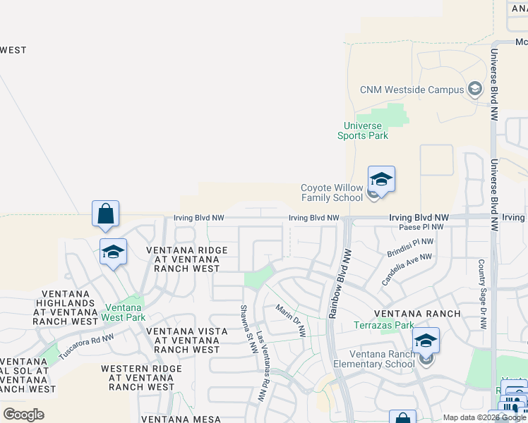 map of restaurants, bars, coffee shops, grocery stores, and more near 7528 Prickly Brush Street Northwest in Albuquerque