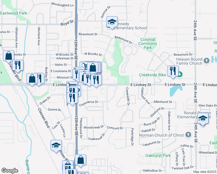 map of restaurants, bars, coffee shops, grocery stores, and more near 1500 East Lindsey Street in Norman