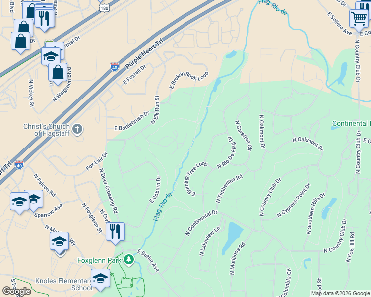 map of restaurants, bars, coffee shops, grocery stores, and more near 2404 North Earle Drive in Flagstaff