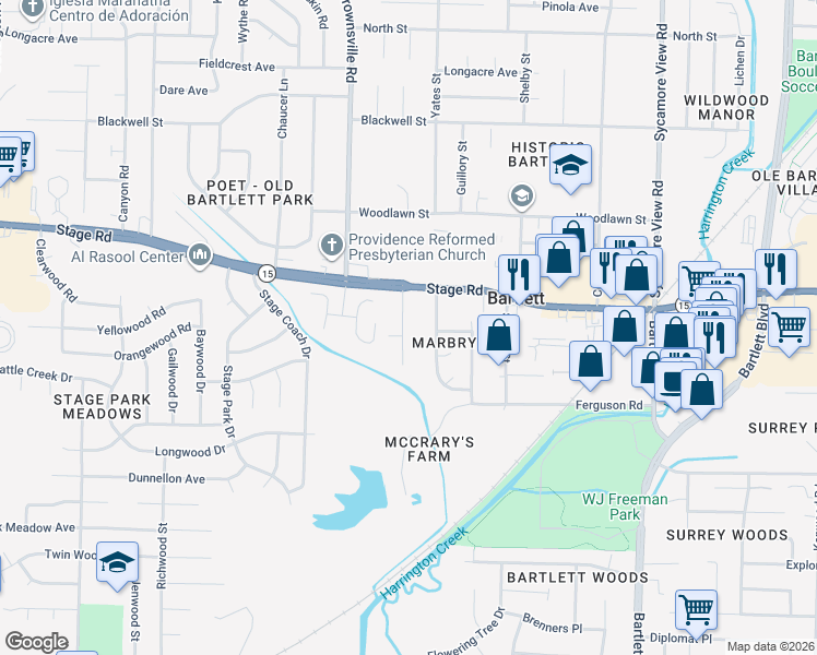 map of restaurants, bars, coffee shops, grocery stores, and more near 2856 Alfaree Street in Bartlett