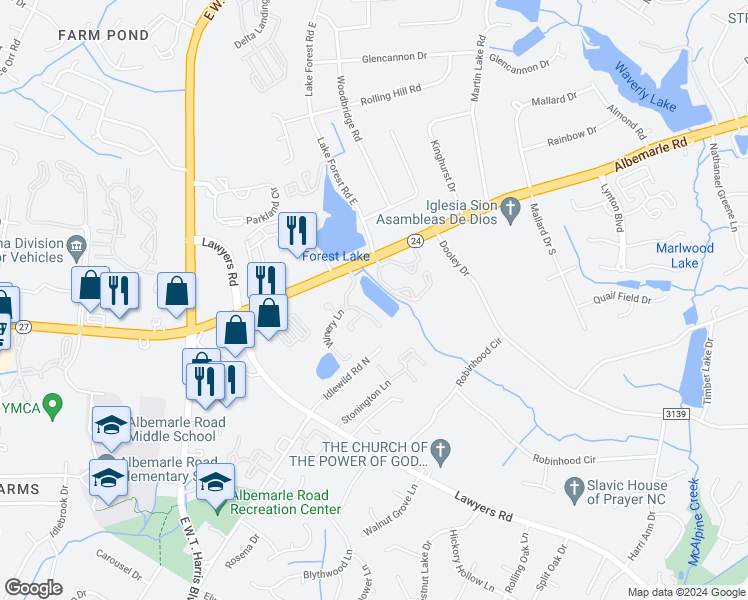 map of restaurants, bars, coffee shops, grocery stores, and more near 7325 Winery Lane in Charlotte